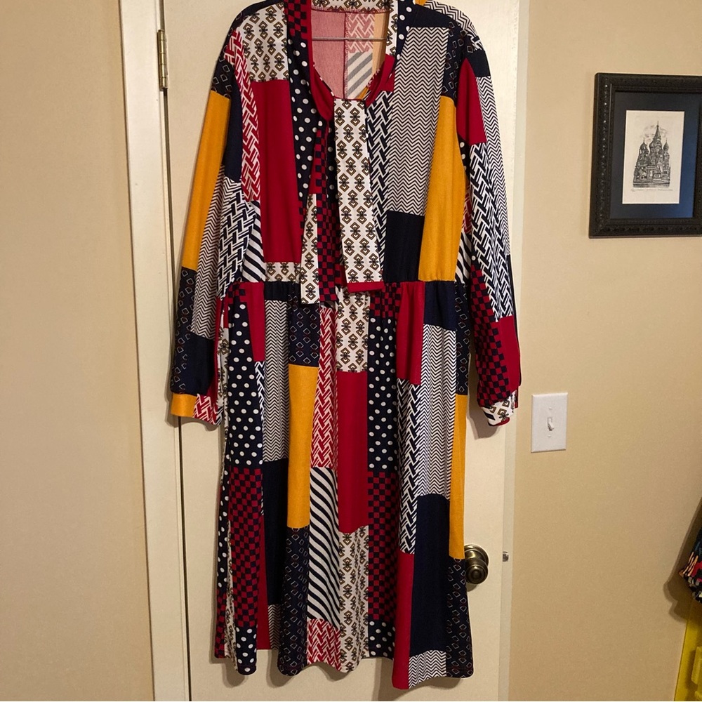 Plus patchwork tie neck a-line dress